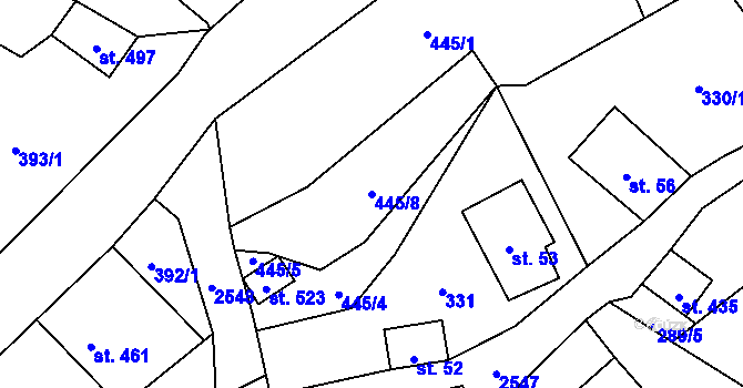 Parcela st. 445/8 v KÚ Valkeřice, Katastrální mapa