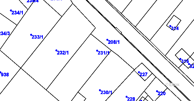 Parcela st. 231/1 v KÚ Úvaly u Valtic, Katastrální mapa