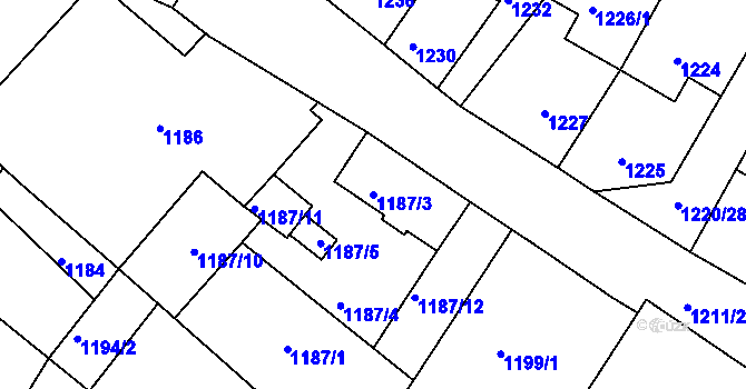 Parcela st. 1187/3 v KÚ Valtice, Katastrální mapa