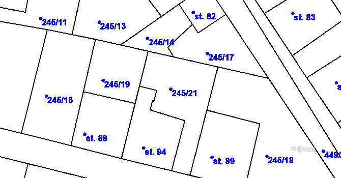 Parcela st. 245/21 v KÚ Valy nad Labem, Katastrální mapa