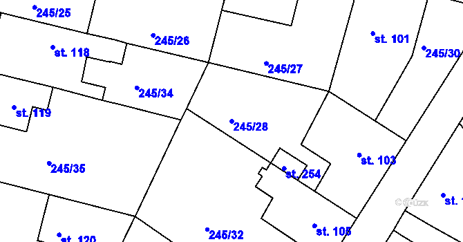 Parcela st. 245/28 v KÚ Valy nad Labem, Katastrální mapa