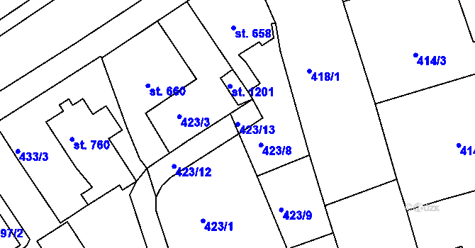 Parcela st. 423/13 v KÚ Vamberk, Katastrální mapa