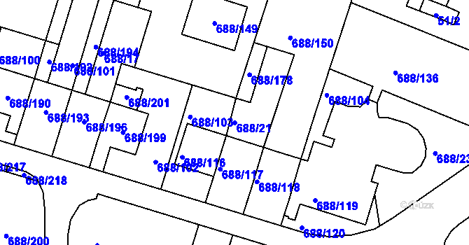 Parcela st. 688/21 v KÚ Vaňov, Katastrální mapa