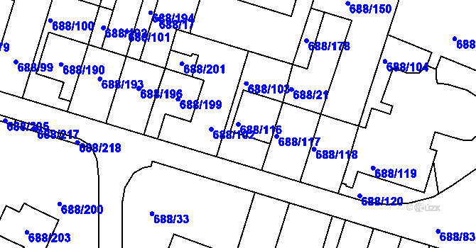 Parcela st. 688/116 v KÚ Vaňov, Katastrální mapa