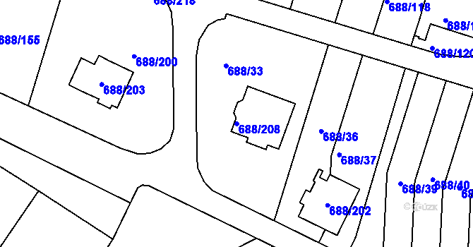 Parcela st. 688/208 v KÚ Vaňov, Katastrální mapa
