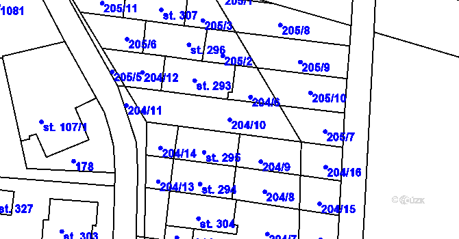 Parcela st. 204/10 v KÚ Vanovice, Katastrální mapa