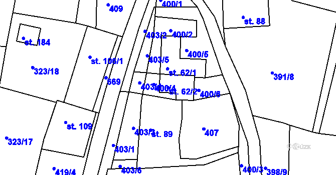 Parcela st. 62/2 v KÚ Vápenný Podol, Katastrální mapa
