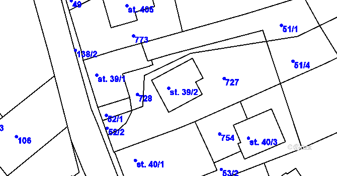 Parcela st. 39/2 v KÚ Vávrovice, Katastrální mapa