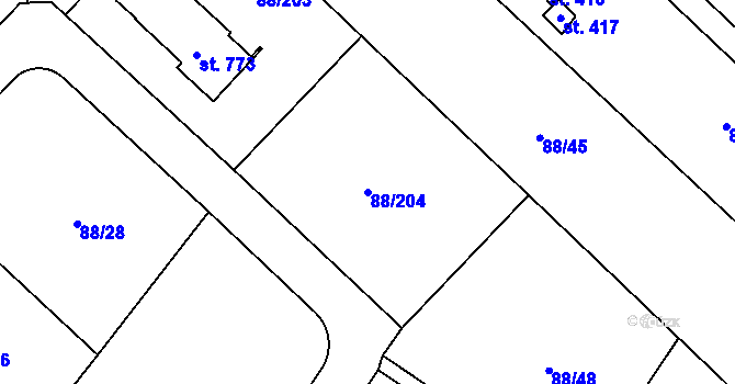 Parcela st. 88/204 v KÚ Vědomice, Katastrální mapa