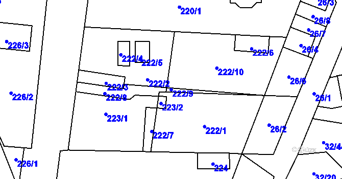 Parcela st. 222/9 v KÚ Vejprnice, Katastrální mapa