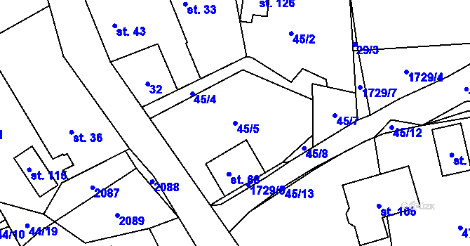 Parcela st. 45/5 v KÚ Pastuchovice, Katastrální mapa