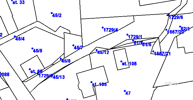 Parcela st. 45/12 v KÚ Pastuchovice, Katastrální mapa