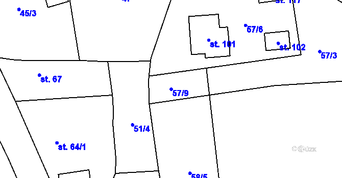 Parcela st. 57/9 v KÚ Pastuchovice, Katastrální mapa