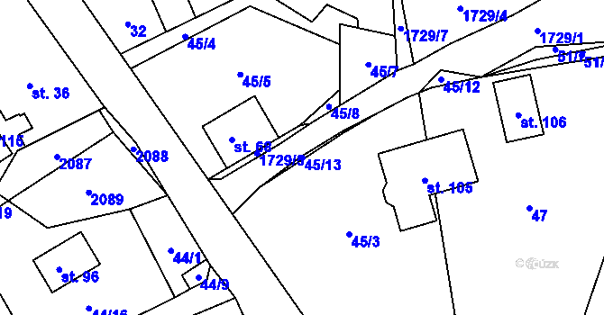 Parcela st. 45/13 v KÚ Pastuchovice, Katastrální mapa