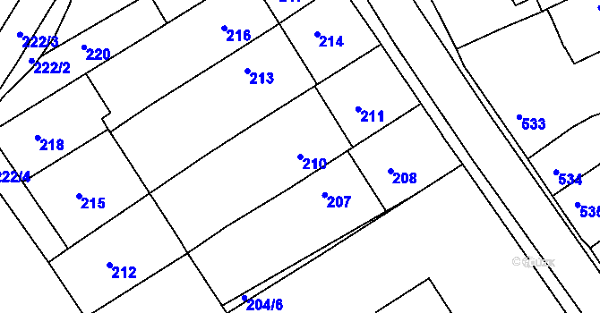 Parcela st. 210 v KÚ Velehrad, Katastrální mapa