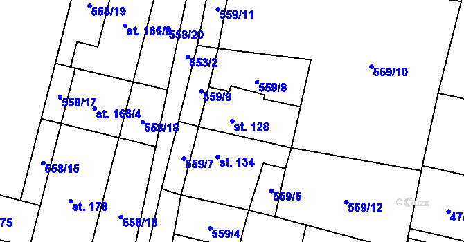 Parcela st. 128 v KÚ Velemín, Katastrální mapa