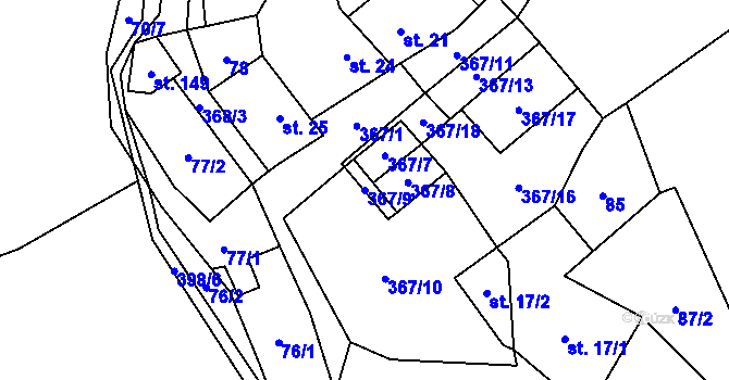 Parcela st. 367/9 v KÚ Minice, Katastrální mapa