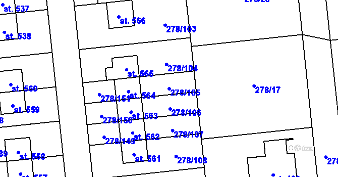 Parcela st. 278/105 v KÚ Veleň, Katastrální mapa