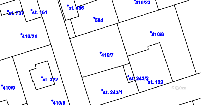 Parcela st. 410/7 v KÚ Veleň, Katastrální mapa