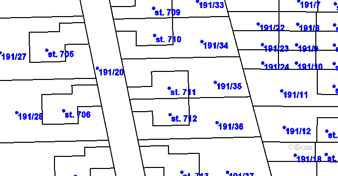 Parcela st. 711 v KÚ Veleň, Katastrální mapa