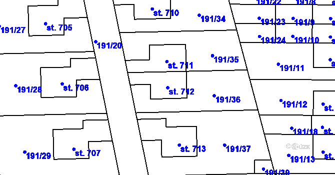 Parcela st. 712 v KÚ Veleň, Katastrální mapa