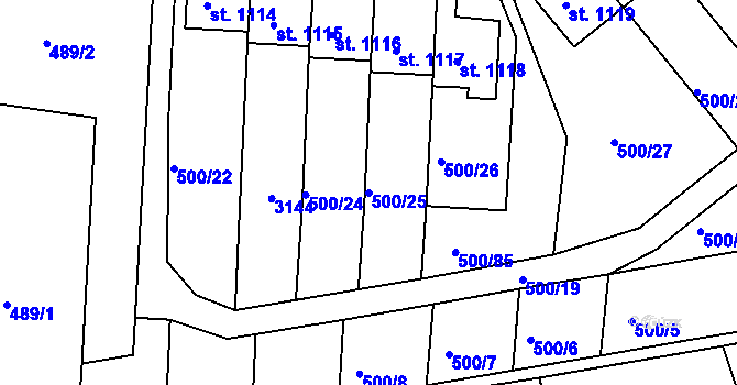Parcela st. 500/25 v KÚ Velešín, Katastrální mapa