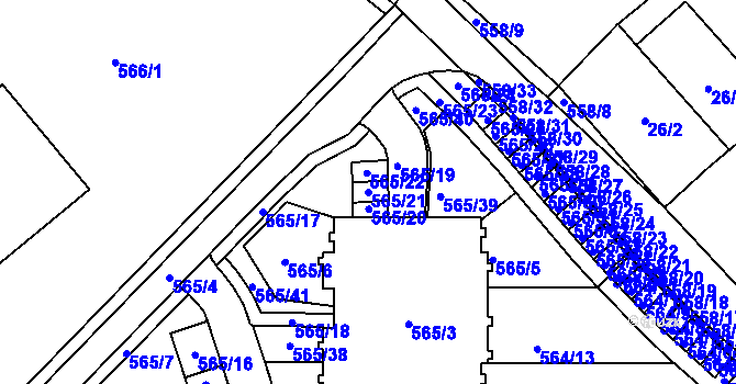Parcela st. 565/21 v KÚ Holubice, Katastrální mapa