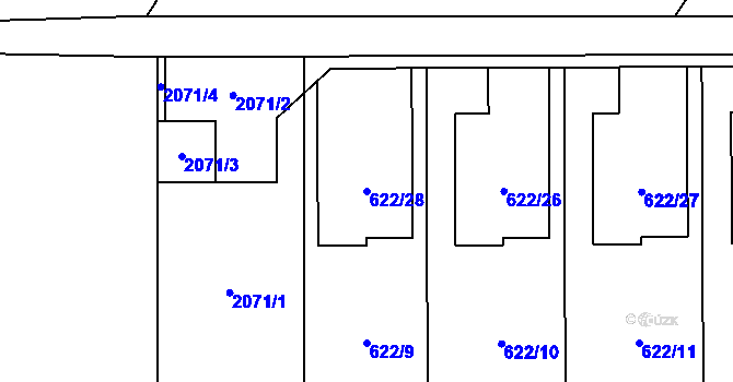 Parcela st. 622/28 v KÚ Holubice, Katastrální mapa