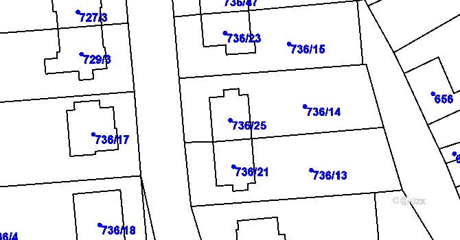 Parcela st. 736/25 v KÚ Velešovice, Katastrální mapa