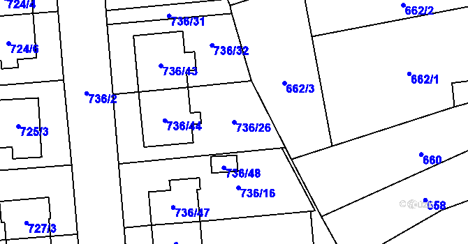 Parcela st. 736/26 v KÚ Velešovice, Katastrální mapa