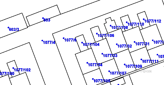 Parcela st. 1077/104 v KÚ Velešovice, Katastrální mapa