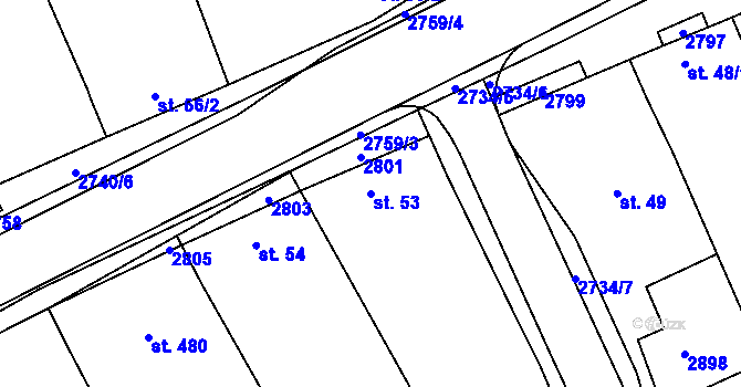Parcela st. 53 v KÚ Veletiny, Katastrální mapa