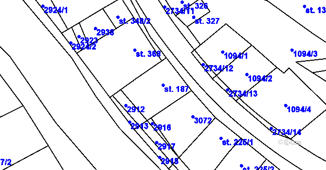 Parcela st. 187 v KÚ Veletiny, Katastrální mapa