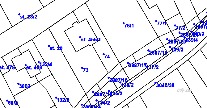 Parcela st. 74 v KÚ Veletiny, Katastrální mapa