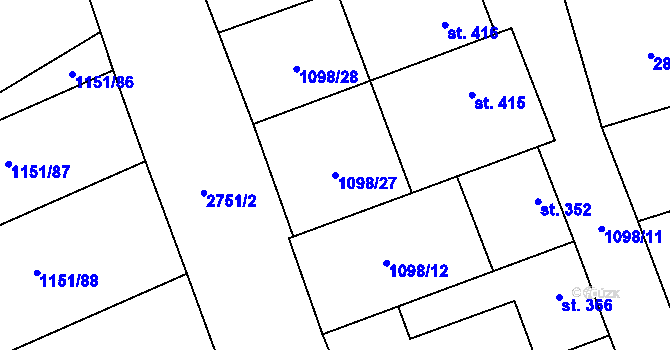 Parcela st. 1098/27 v KÚ Veletiny, Katastrální mapa