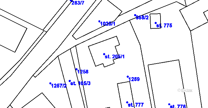 Parcela st. 205/1 v KÚ Velim, Katastrální mapa