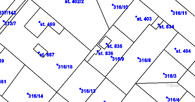 Parcela st. 836 v KÚ Velim, Katastrální mapa