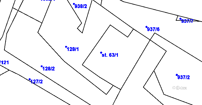Parcela st. 63/1 v KÚ Veliny, Katastrální mapa