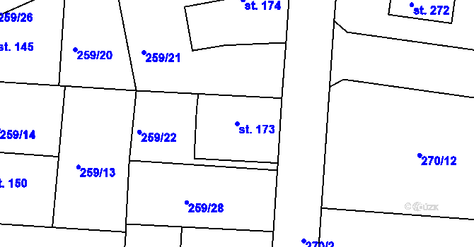 Parcela st. 173 v KÚ Veliny, Katastrální mapa