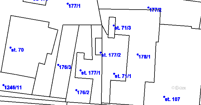 Parcela st. 177/2 v KÚ Veliny, Katastrální mapa