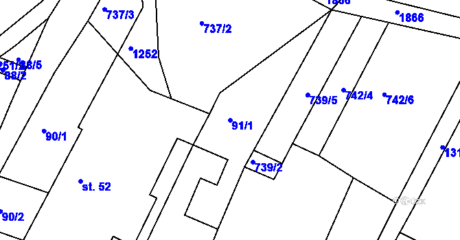 Parcela st. 91/1 v KÚ Veliny, Katastrální mapa