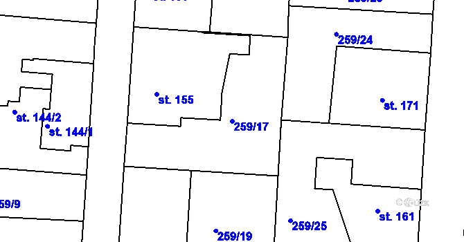 Parcela st. 259/17 v KÚ Veliny, Katastrální mapa