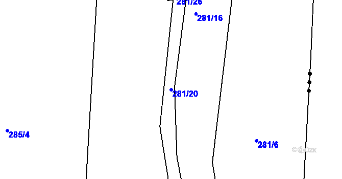 Parcela st. 281/20 v KÚ Veliny, Katastrální mapa