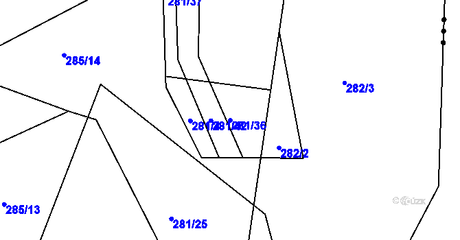 Parcela st. 281/36 v KÚ Veliny, Katastrální mapa