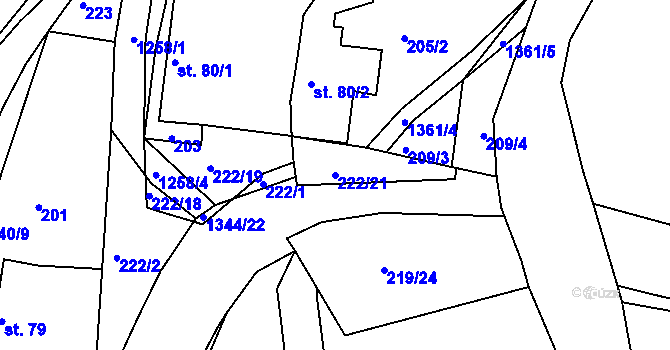 Parcela st. 222/21 v KÚ Veliny, Katastrální mapa