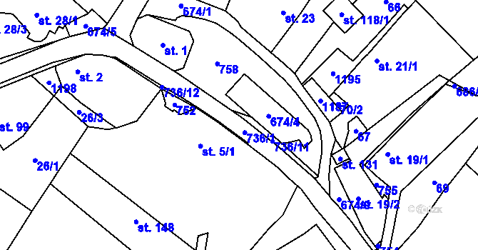 Parcela st. 736/1 v KÚ Bukvice, Katastrální mapa