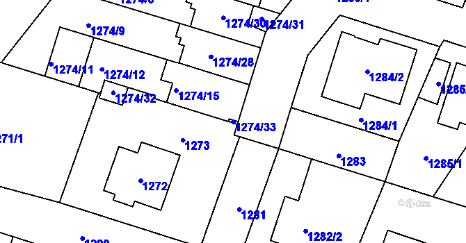 Parcela st. 1274/33 v KÚ Velká Bíteš, Katastrální mapa