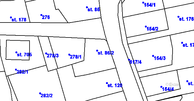 Parcela st. 86/2 v KÚ Klimentov, Katastrální mapa