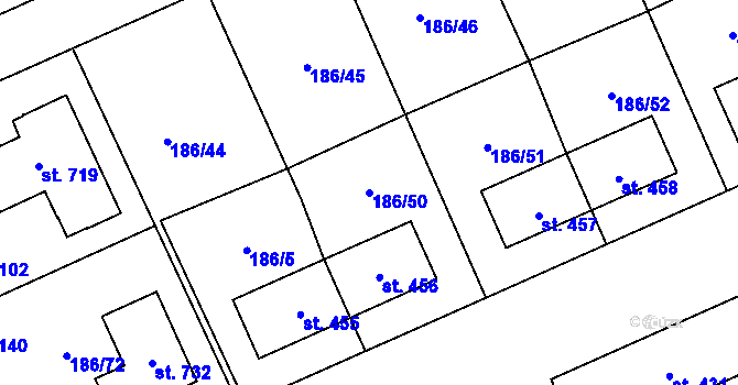 Parcela st. 186/50 v KÚ Klimentov, Katastrální mapa