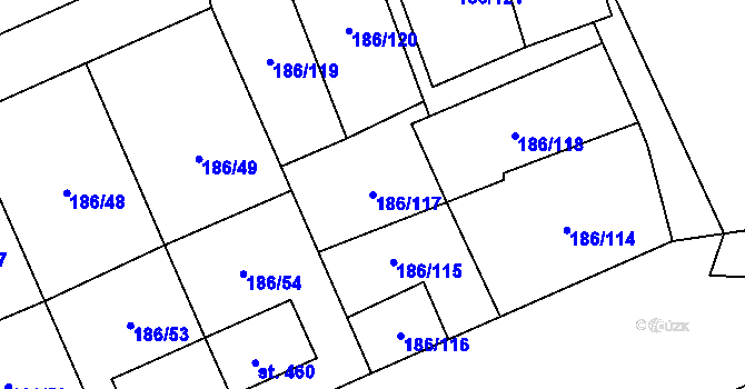 Parcela st. 186/117 v KÚ Klimentov, Katastrální mapa